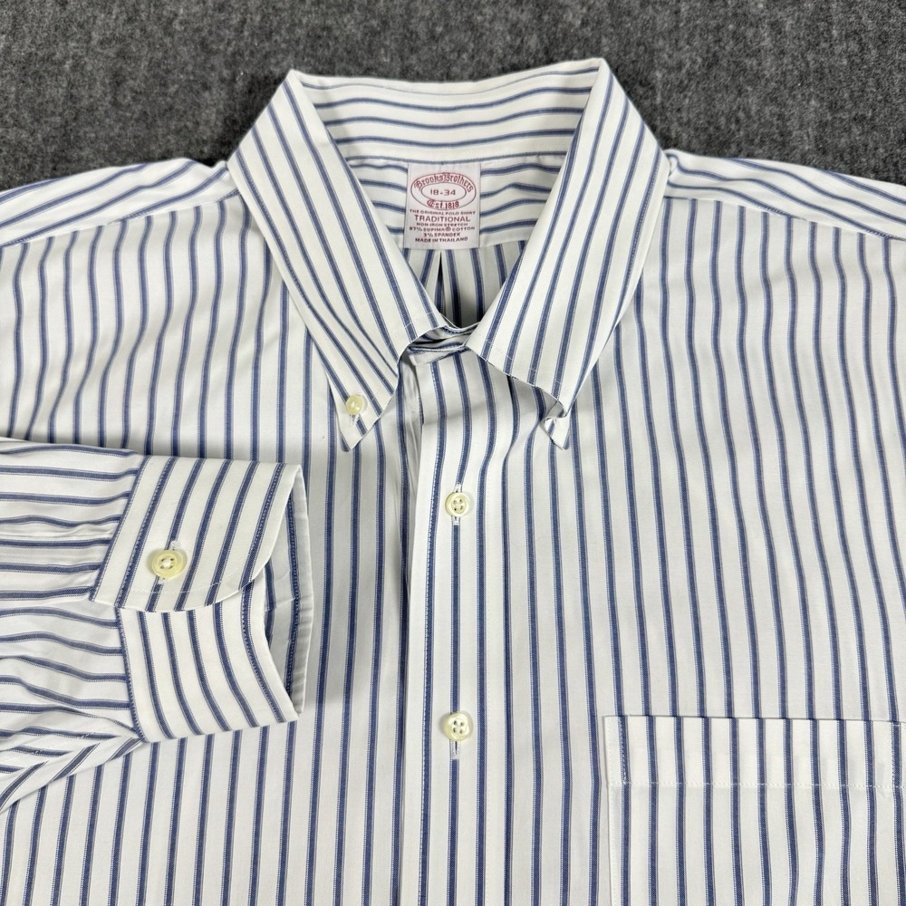 Brooks Brothers 18 34 Traditional Fit Blue White Stripe Supima Cotton